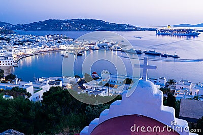 Mykonos town at sunset Stock Photo