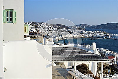 Mykonos, white houses, tourism and Greek island Stock Photo