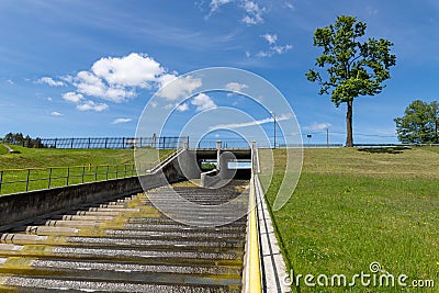 Mylof Zapora, pomorskie / Poland - May, 29, 2019: A small dam on the Brda River. Water accumulation on the river giving rise to a Editorial Stock Photo