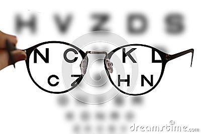 Myopia correction glasses on the eye chart letters Stock Photo