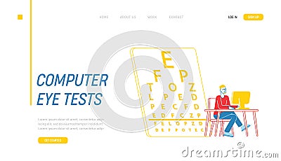 Myopia and Eyes Disease Landing Page Template. Male Character Sit at Desk Working on Computer in Office Vector Illustration