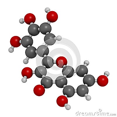 Myricetin flavonoid molecule. 3D rendering. Atoms are represented as spheres with conventional color coding: hydrogen white, Stock Photo