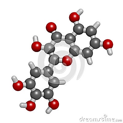 Myricetin flavonoid molecule. 3D rendering. Atoms are represented as spheres with conventional color coding: hydrogen white, Stock Photo