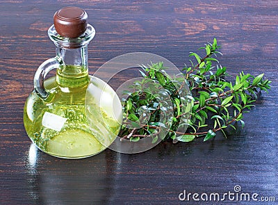 Myrtle oil in a bottle green branches of myrtle, a medicinal rem Stock Photo