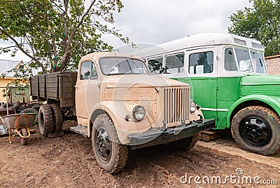 Myshkin, Yaroslavl Region, Russia, August 01, 2013. Museum of Retrotechnics Old garage Editorial Stock Photo