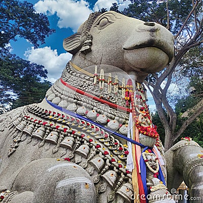 Large Nandi bull statue at Chamundi hills in Mysore Stock Photo