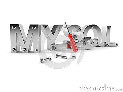 MYSQL text with bolts and tools Stock Photo