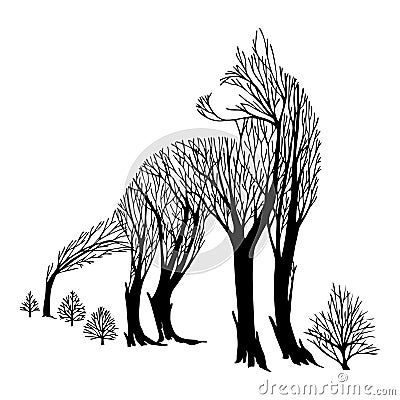 Mysterious aggressive Wolf look back silhouette double exposure blend tree drawing tattoo Stock Photo