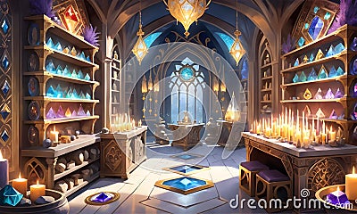 Mysterious alchemy room shimmering with magical gems. Amulets concept. Fairy tale background. Extra wide banner. AI Cartoon Illustration
