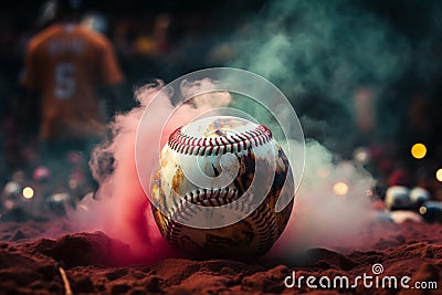 Mysterious ambiance Colorful baseball pops in a smoky, dramatic setting Stock Photo