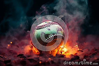 Mysterious ambiance Colorful baseball pops in a smoky, dramatic setting Stock Photo