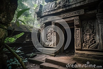 A mysterious ancient ruin with intricate carvings and hidden secrets waiting to be discovered background Generative AI Stock Photo