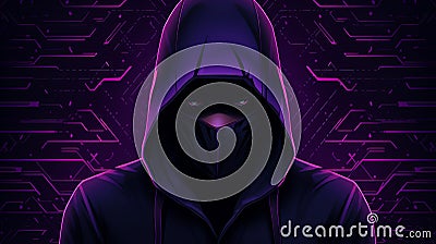 Mysterious anonymous hacker concealed by hood stands against backdrop of intricate chip patterns Stock Photo