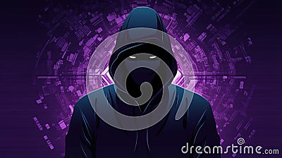 Mysterious anonymous hacker concealed by hood stands against backdrop of intricate chip patterns Stock Photo
