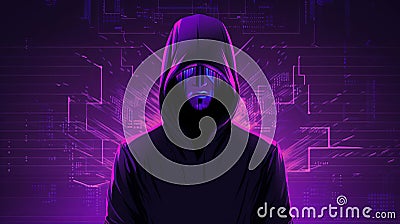 Mysterious anonymous hacker concealed by hood stands against backdrop of intricate chip patterns Stock Photo