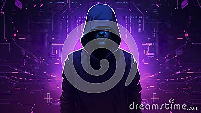 Mysterious anonymous hacker concealed by hood stands against backdrop of intricate chip patterns Stock Photo