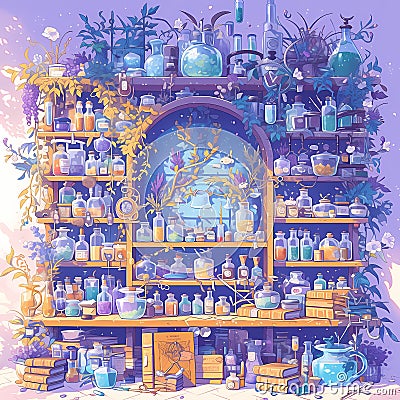Mysterious Apothecary's Shelves, Vials & Plants Stock Photo