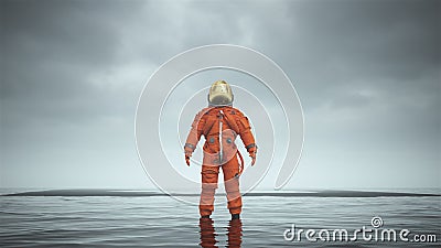 Mysterious Astronaut with Gold Visor Standing in Water with Black Sand Cartoon Illustration