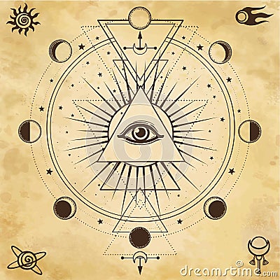 Mysterious background: pyramid, all-seeing eye, sacred geometry. Vector Illustration