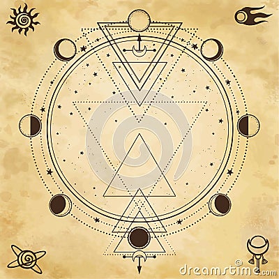 Mysterious background: sacred geometry, phases of the moon. Vector Illustration