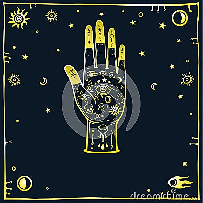Mysterious background: the stylized human hand is decorated with alchemical sings, space symbols. Gold imitation. Vector Illustration