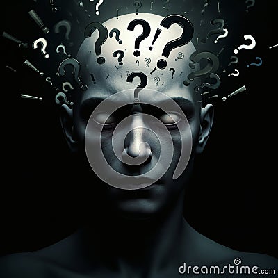 Mysterious bald man with question marks floating from head symbolizing uncertainty confusion decision making and deep thoughts Stock Photo