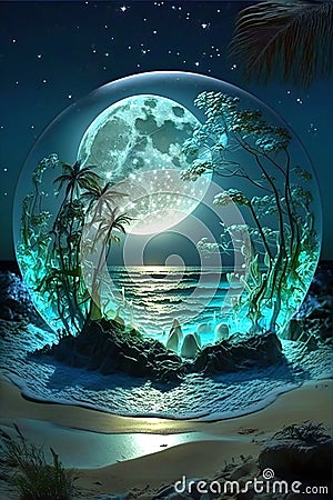 Mysterious beach, night sea moon Stock Photo