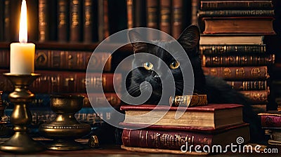 Mysterious black cat sitting beside old magical books. Witchcraft and arcane objects in a dark library setting Stock Photo