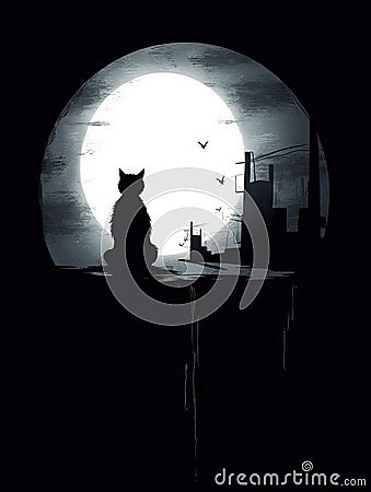 Mysterious Black Cats under the Halloween Moon . Stock Photo