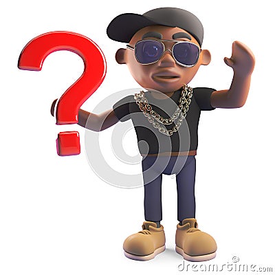 Mysterious black hiphop rapper in baseball cap holding a question mark symbol, 3d illustration Cartoon Illustration