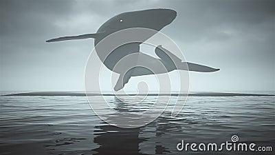 Mysterious Black Humpback Whale with White Eyes Floating Above Black Sand Surrounded by Water Cartoon Illustration