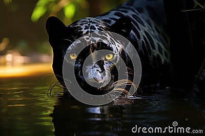 Mysterious black jaguar in the jungle crossing the river Stock Photo