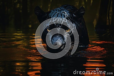Mysterious black jaguar in the jungle crossing the river Stock Photo