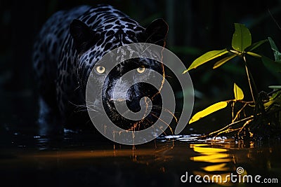 Mysterious black panther in the jungle crossing the river Stock Photo