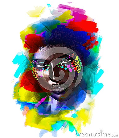 Mysterious Black Woman. A Colorful abstract painted background creates a base from which this beautiful face with bold multicolore Stock Photo