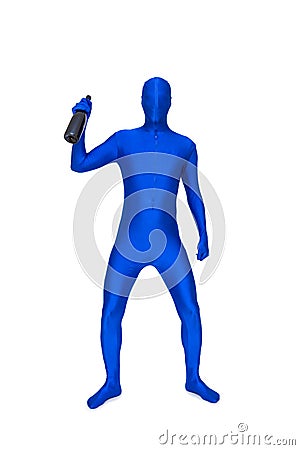 Mysterious blue man in morphsuit with bottle Stock Photo