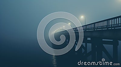 Mysterious bridge with glowing lights stretching into the distance and fading into the mist. Gloomy twilight. Generative AI Stock Photo