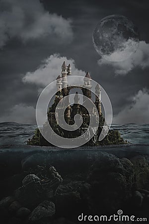 A mysterious castle in the middle of the ocean overgrown Stock Photo