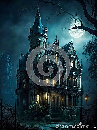 Mysterious dark Gothic castle mansion night dark house Generative AI Stock Photo