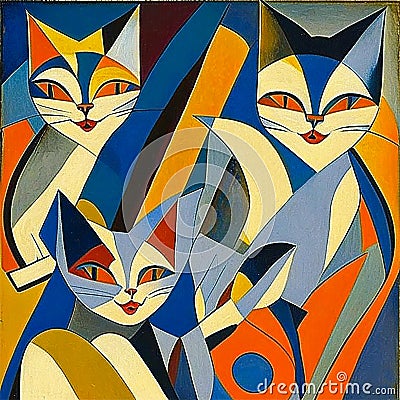 Mysterious cats, abstract surreal painting with colors, orange, red and cyan, AI generative Stock Photo