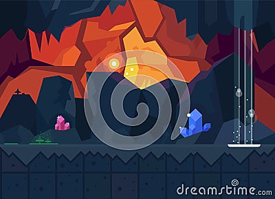 Mysterious cave with magical crystals Vector Illustration