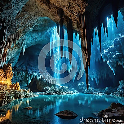mysterious cave with stalactites and Cartoon Illustration