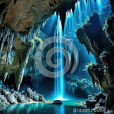 mysterious cave with stalactites and Cartoon Illustration