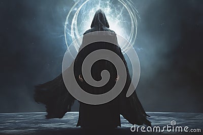 Mysterious Cloaked Figure with Magical Portal Stock Photo