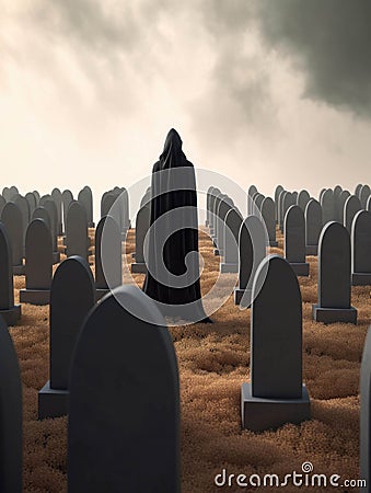 A mysterious cloaked figure standing amidst a aveyard of headstones. Gothic art. AI generation Stock Photo