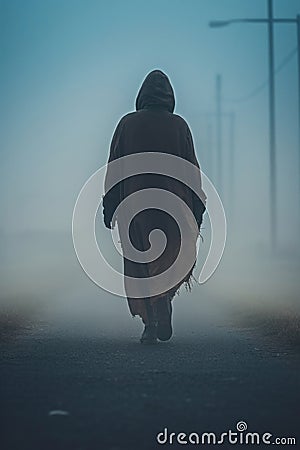 mysterious cloaked man walking a foggy highway at dusk. Stock Photo