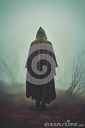 mysterious cloaked person walking down a fantasy misty path. medieval fantasy concept. Stock Photo