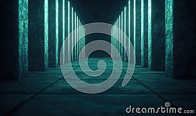 A mysterious corridor illuminated by glowing columns, creating an eerie yet captivating atmosphere for exploration Stock Photo