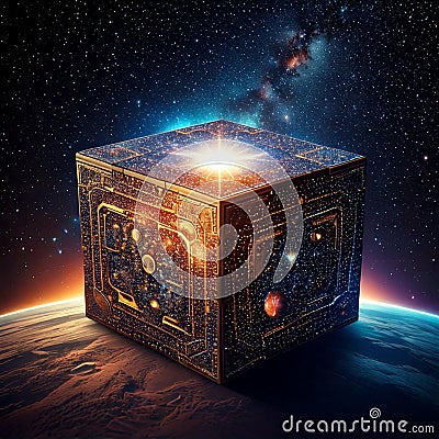 Mysterious cosmic cube floats above a planet, radiating starlight and surrounded by the vastness of space. Generative AI Stock Photo
