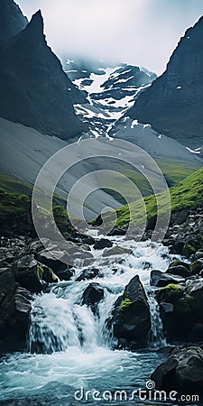 Mysterious Creek With Mountain: A Captivating Nature Scene Stock Photo